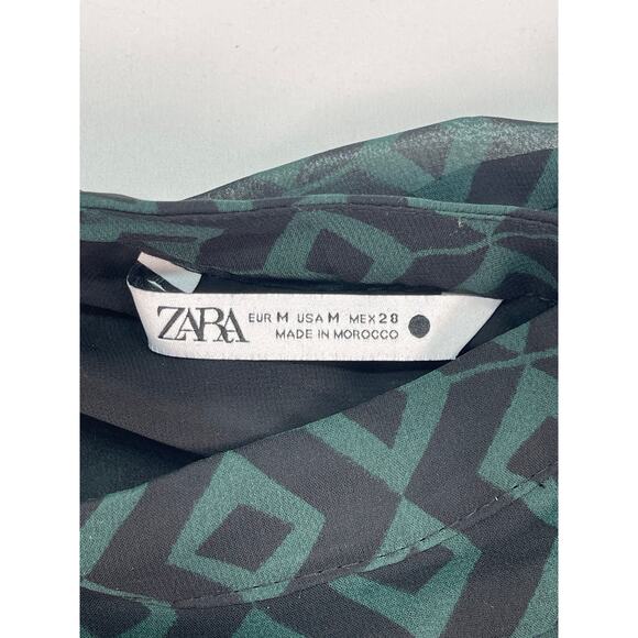 ZARA Long Sleeve Geo Print Mini Dress Green/Black Puff Shoulder Ruffle Hem Sz M - Picture 5 of 9